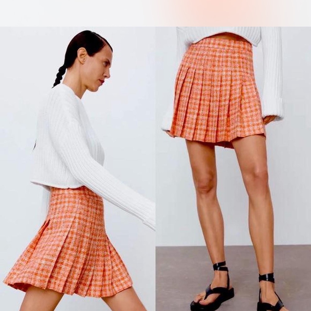 Zara Orange Checkered Mini Skirt